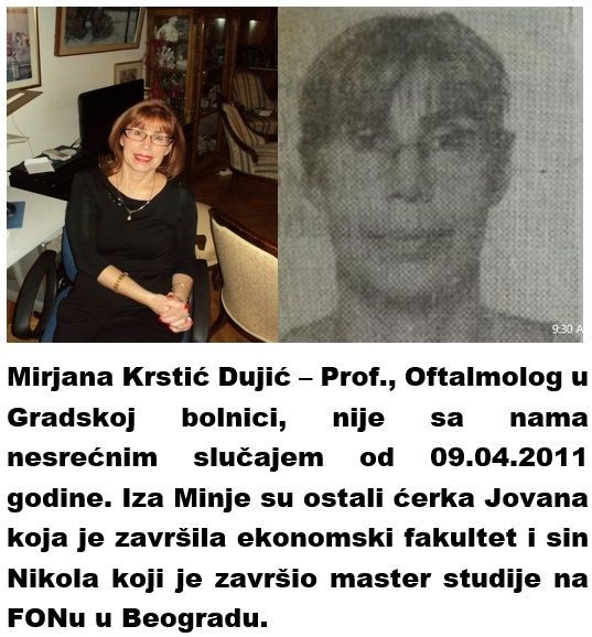 Mirjana Krstić Dujić-Prof., oftalmolog u Gradskoj bolnici, nije sa nama nesrećnim slučajem od 09.04.2011 godine. Iza Minje su ostali ćerka Jovana koja je završila ekonomski fakultet i sin Nikola koji je završio master studije na FONu u Beogradu.